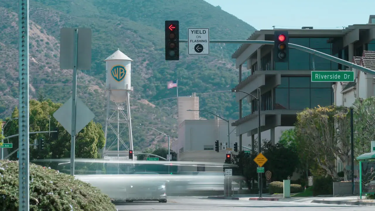 A Timelapse of the Warner Brothers Water Tower with Heavy Traffic in Burbank