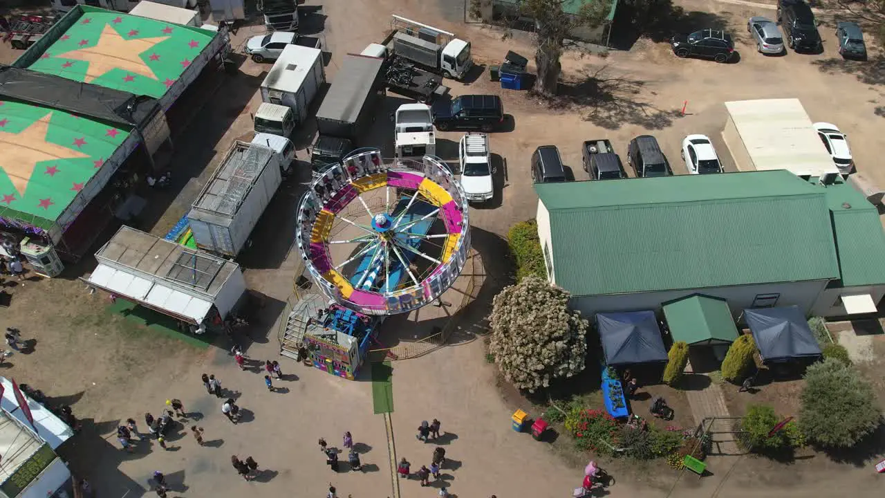 Yarrawonga Victoria Australia 7 October 2023 Aerial view of the Tornado amusement ride slowing down at the Yarrawonga Show in Victoria Australia