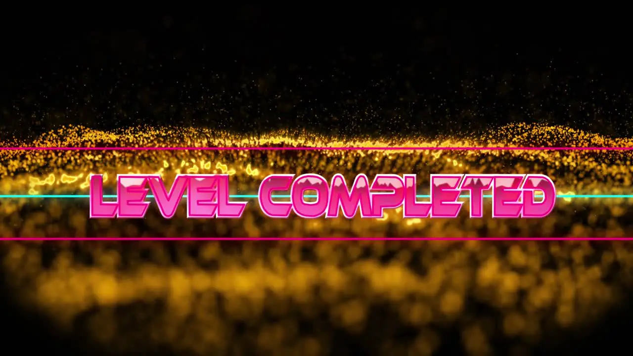 Animation of level completed text in metallic pink letters with lines over mesh