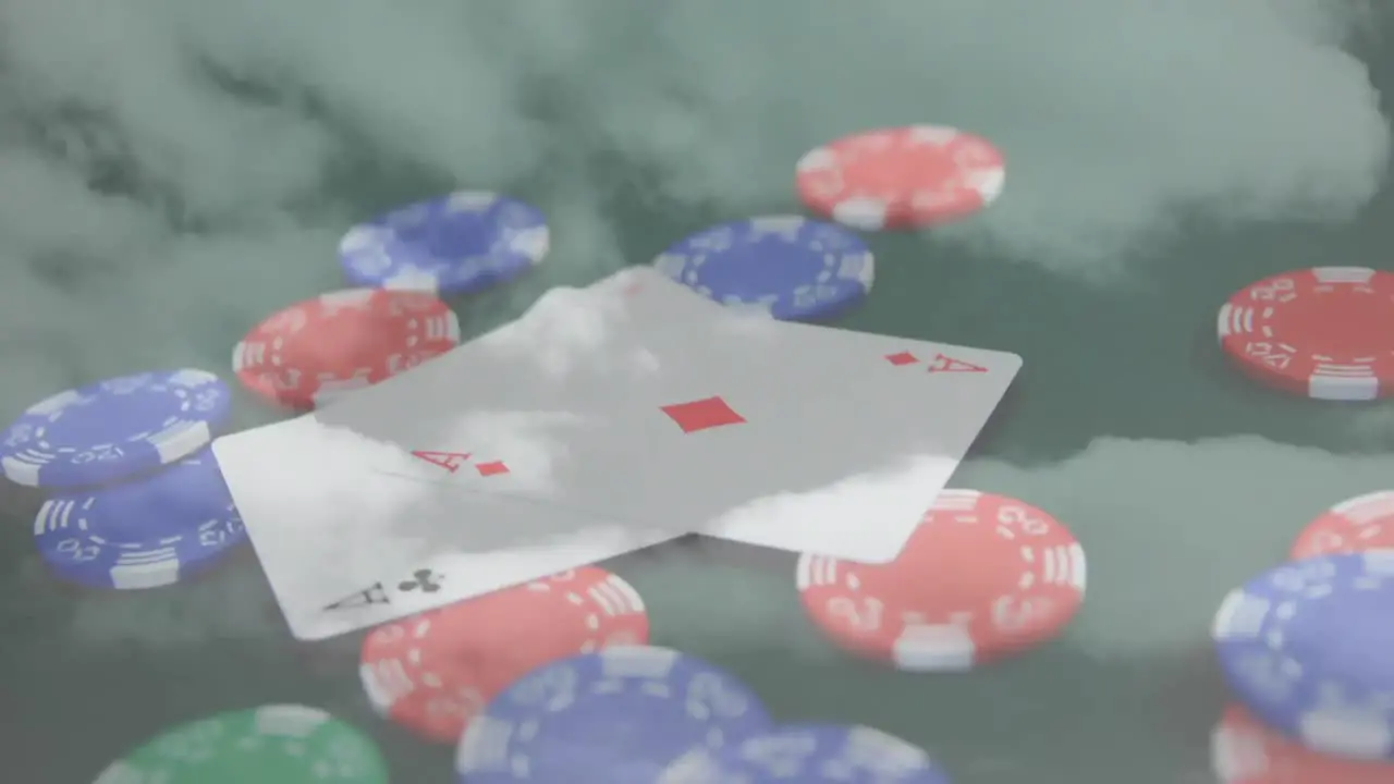 Animation of casino playing cards and chips over clouds