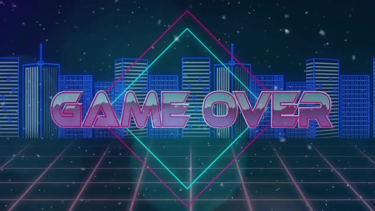 Animation of game over text in metallic pink letters over cityscape and grid