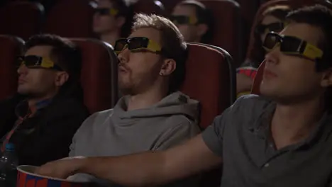 Male friends wearing 3d glasses in cinema Spectators get ready watch 3d movie