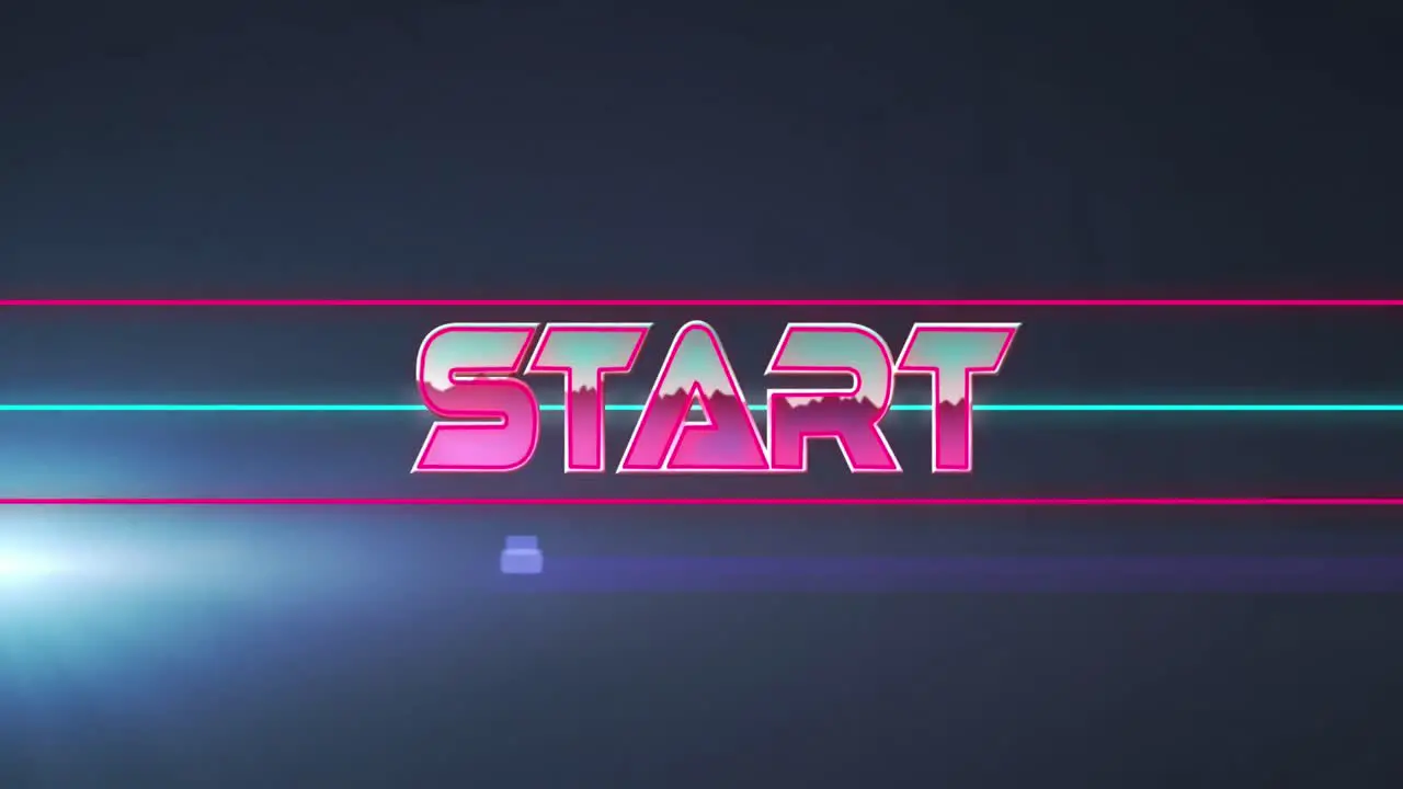 Animation of start text in metallic pink letters with lines over glowing light