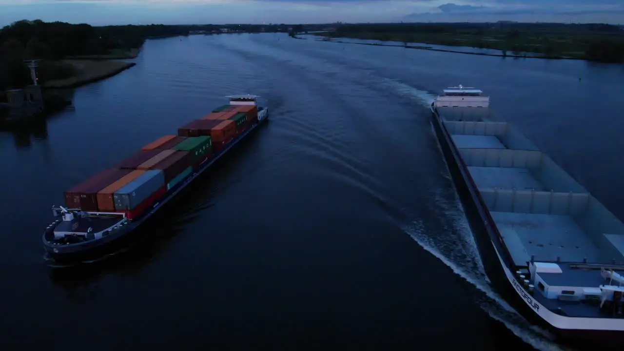 Container Ships Of Factofour Sails The Calm River In Barendrecht