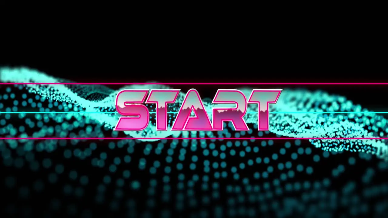 Animation of start text in metallic pink letters with lines over green glowing mesh