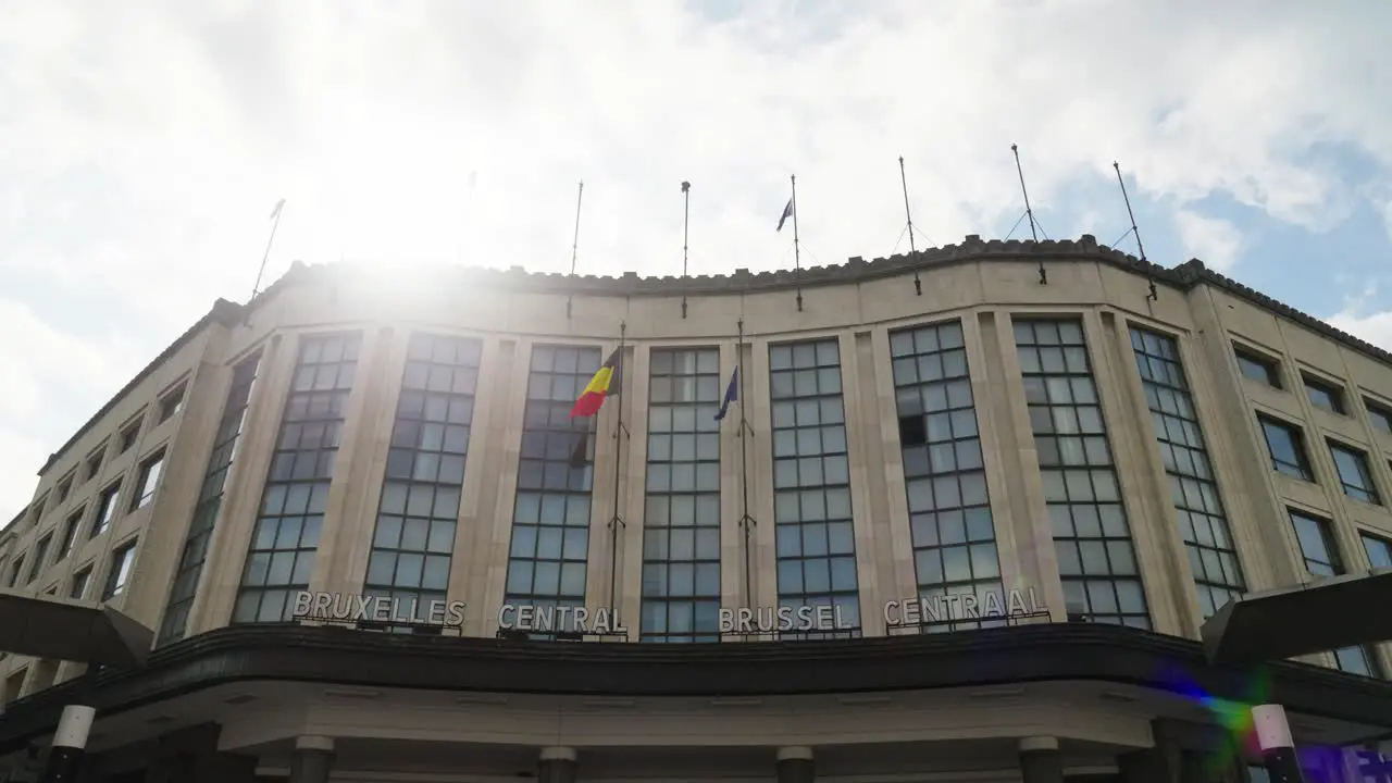 Wide cinematic gimbal view of the Brussels central station in the city of Belgium