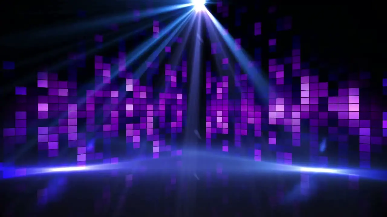 Animation of pink and purple shapes spotlights and purple graphic music equalizer