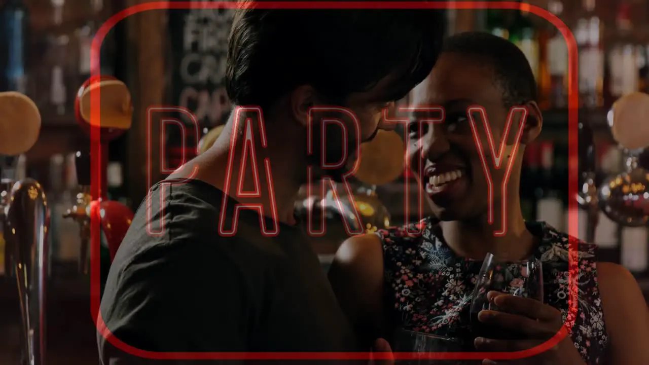 Animation of neon party text in red frame over biracial couple chatting in bar