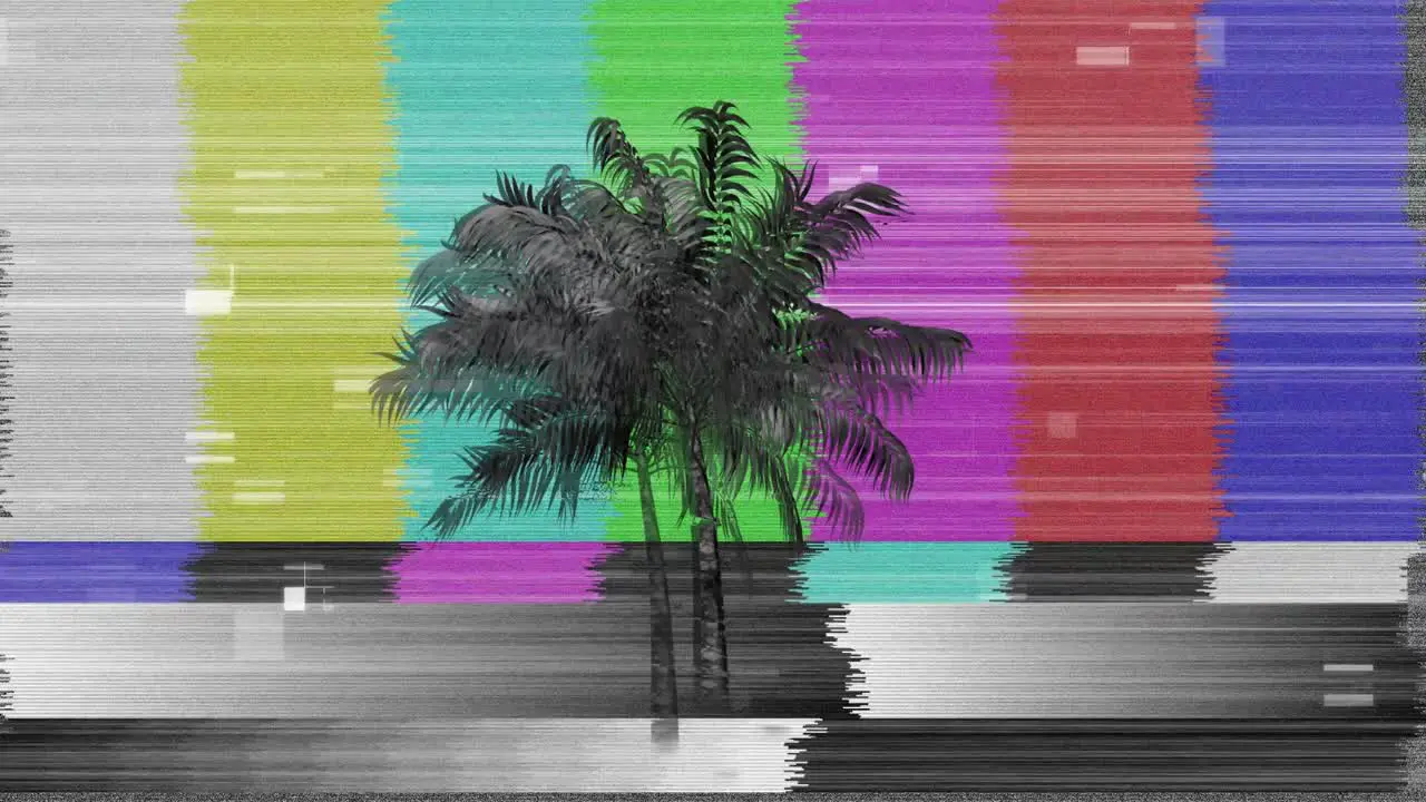 Animation of moving palm tree over retro colour test screen with glitch