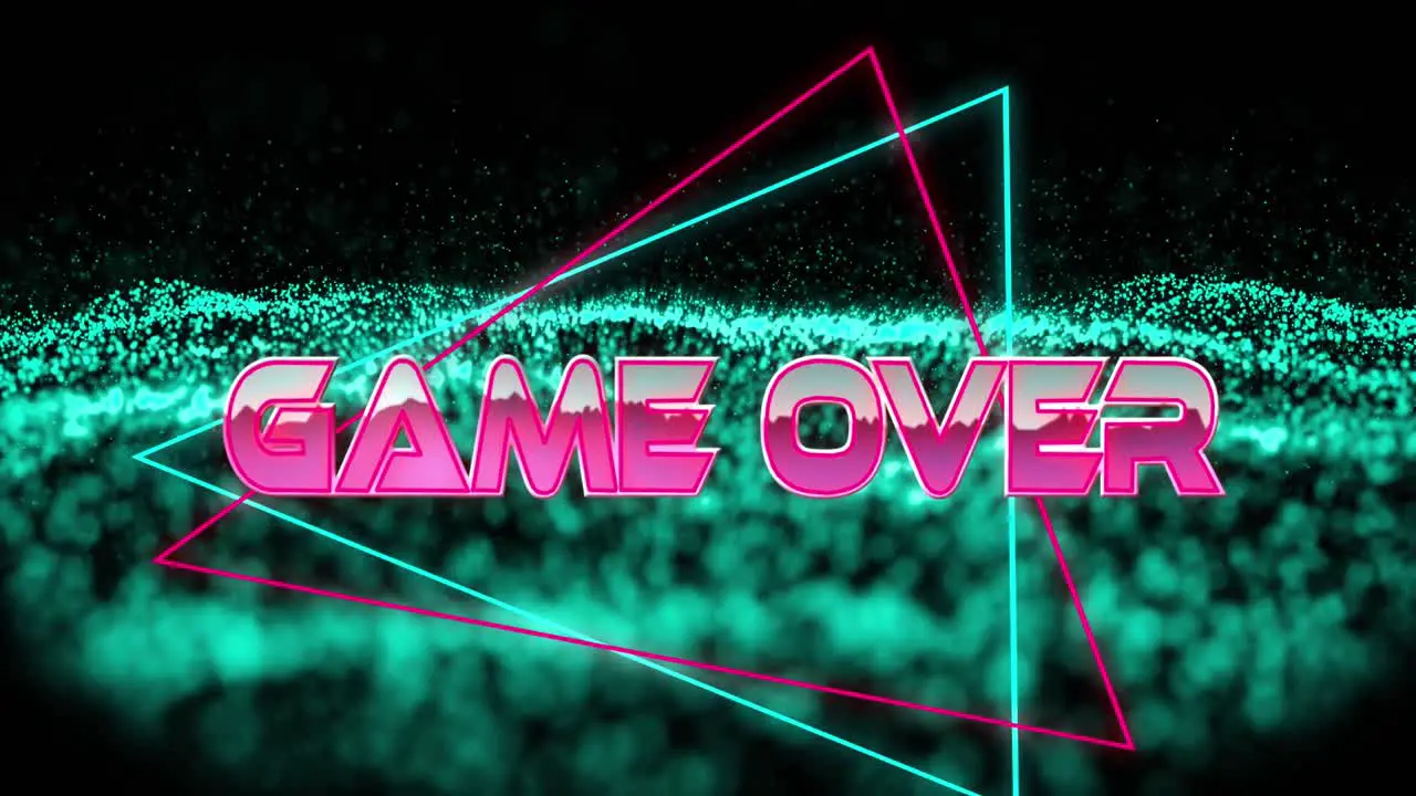 Animation of game over text in metallic pink letters with triangles over green glowing mesh