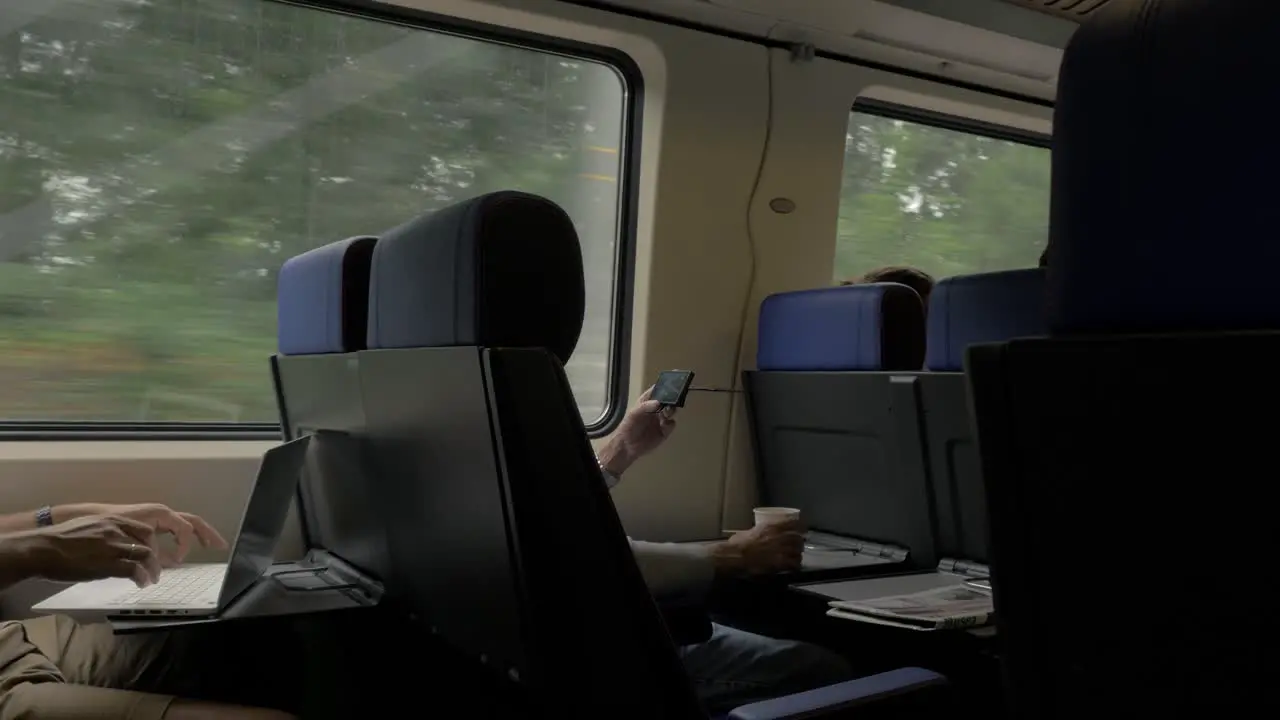 People entertaining with cell and laptop in train