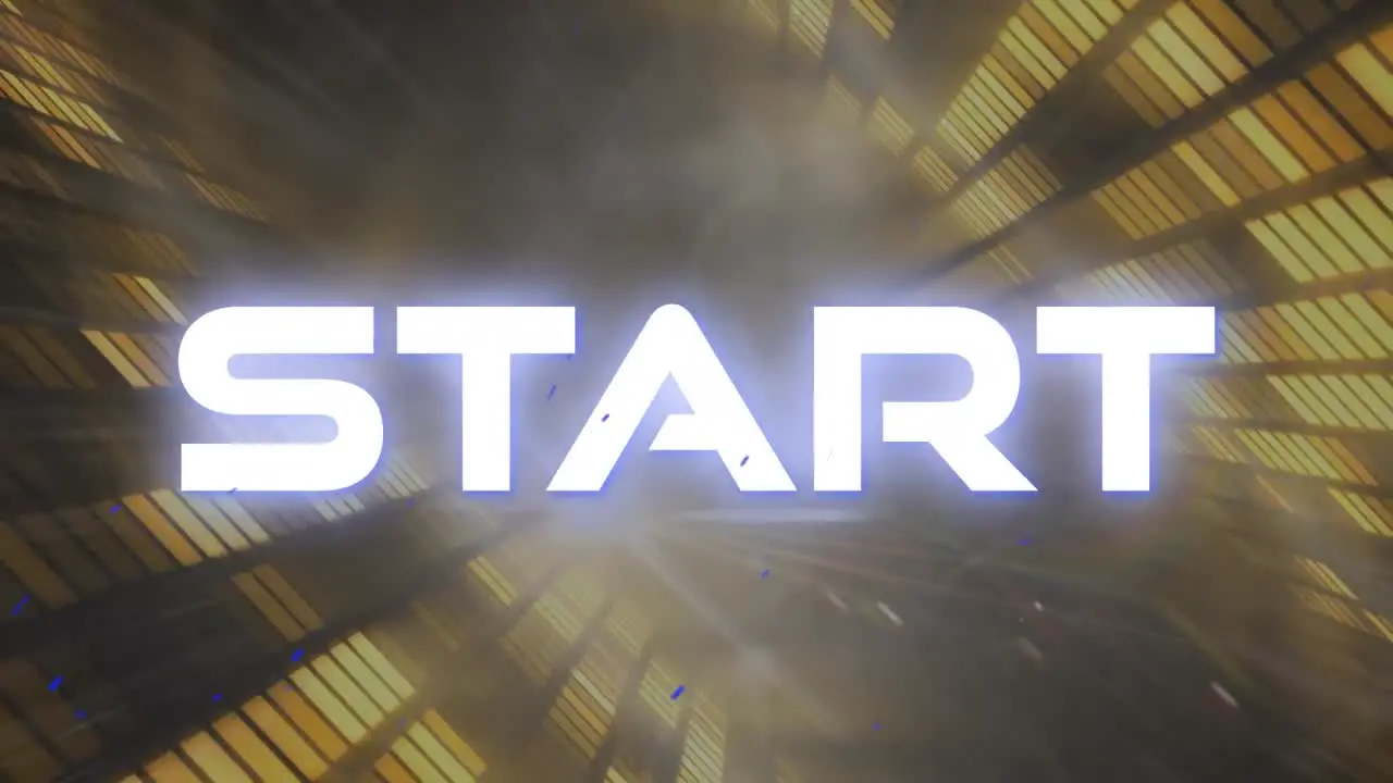 Animation of start text in white glowing letters over tunnel with yellow glowing lights