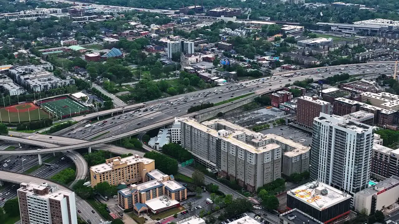 Panoramic aerial view of Downtown Atlanta expressway traffic Georgia USA