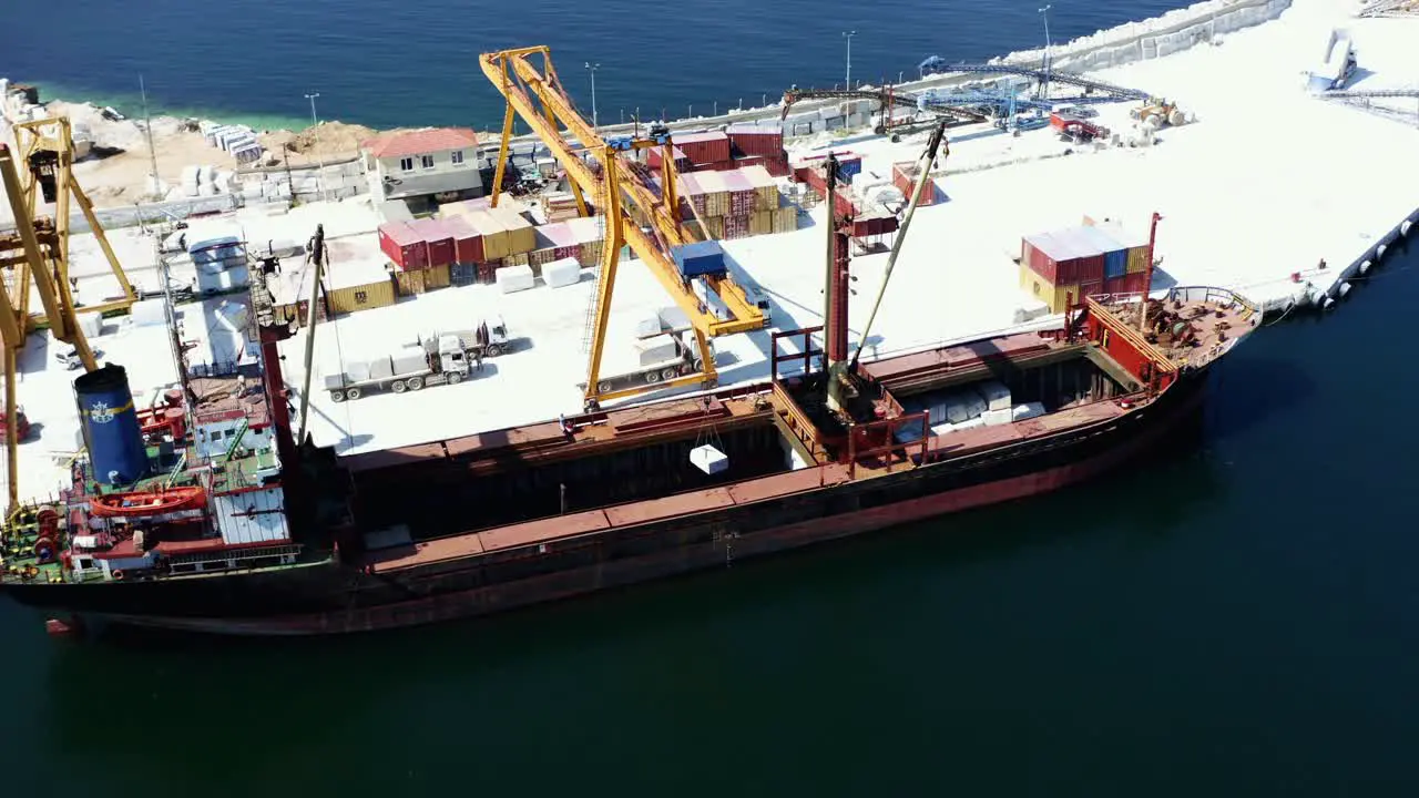 Aerial view of the transport ship in the port