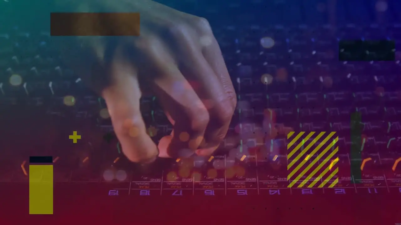 Animation of diverse shapes over hand of caucasian male dj and console