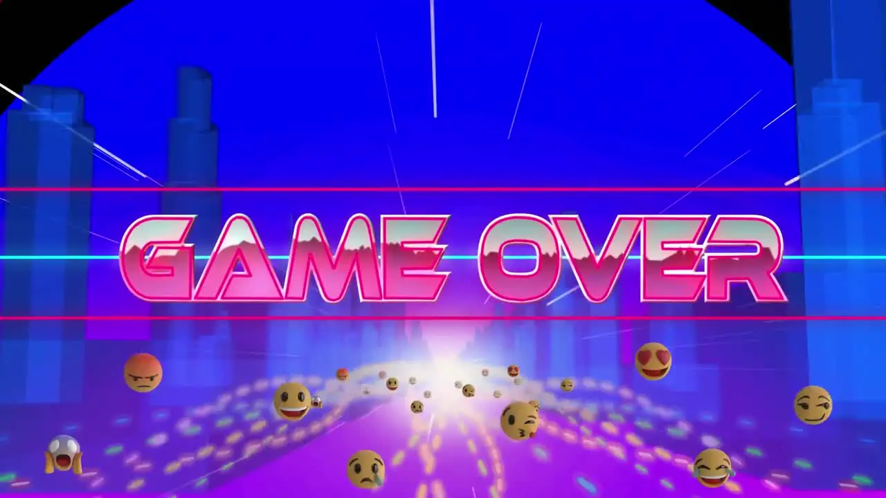 Animation of game over text in metallic pink letters over cityscape and emojis