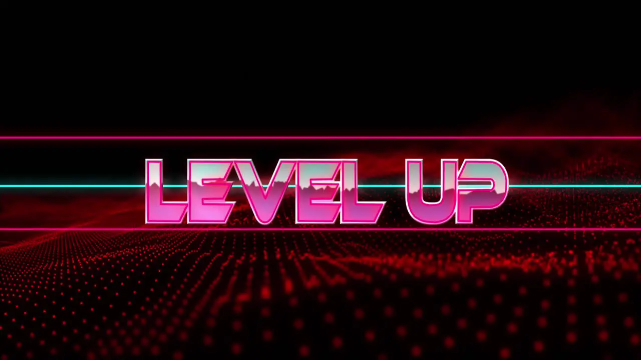 Animation of level up over text in metallic pink letters with lines over red glowing mesh