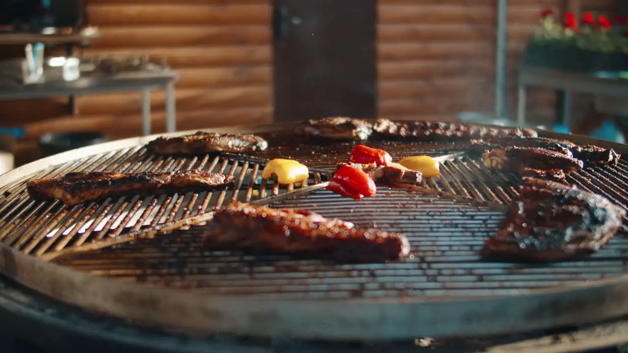 Close up of bbq for picnic outside Grilled meat and vegetables outdoors