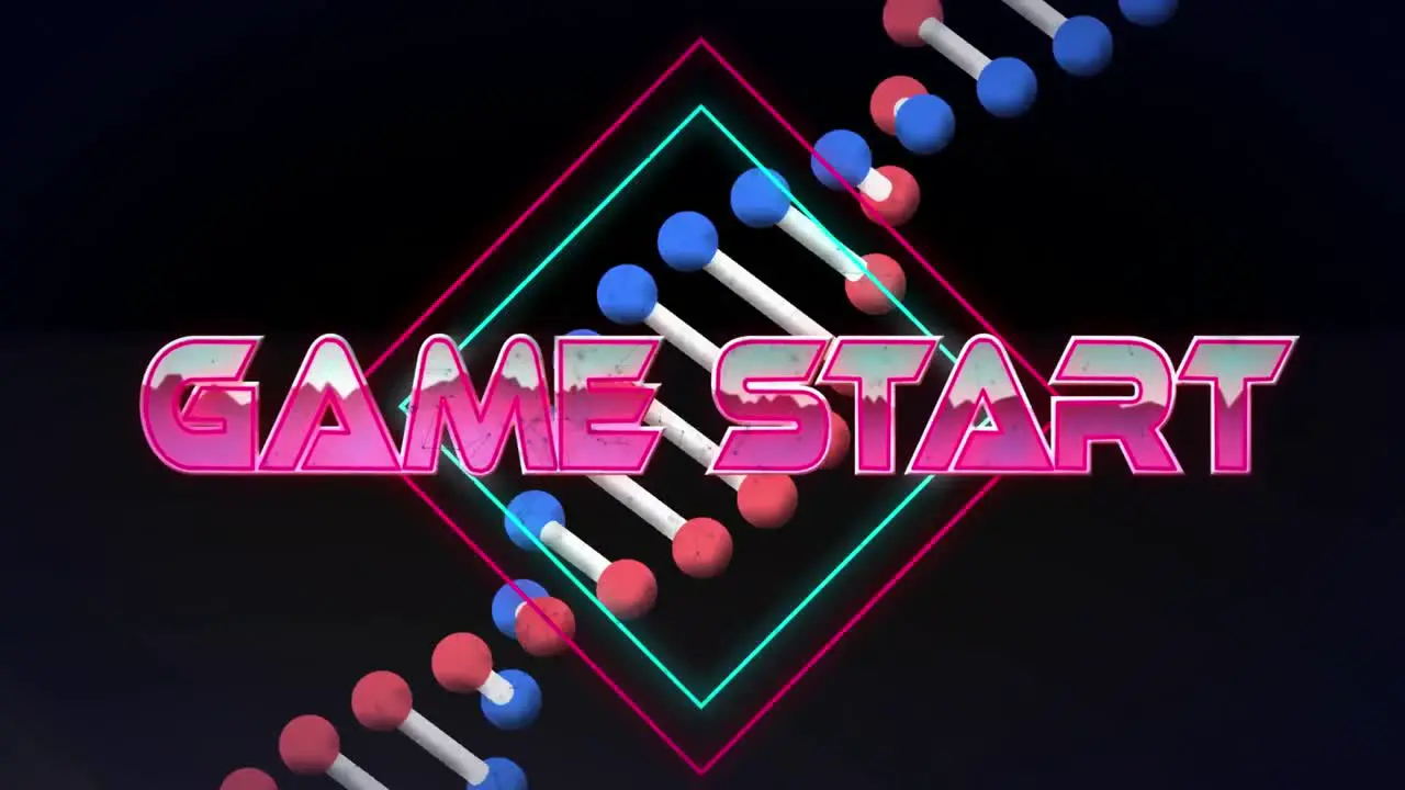 Animation of game start text in metallic pink letters over dna strand spinning