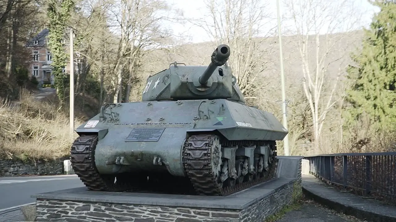 World war 2 tank standing on a road in La Roche in Belgium