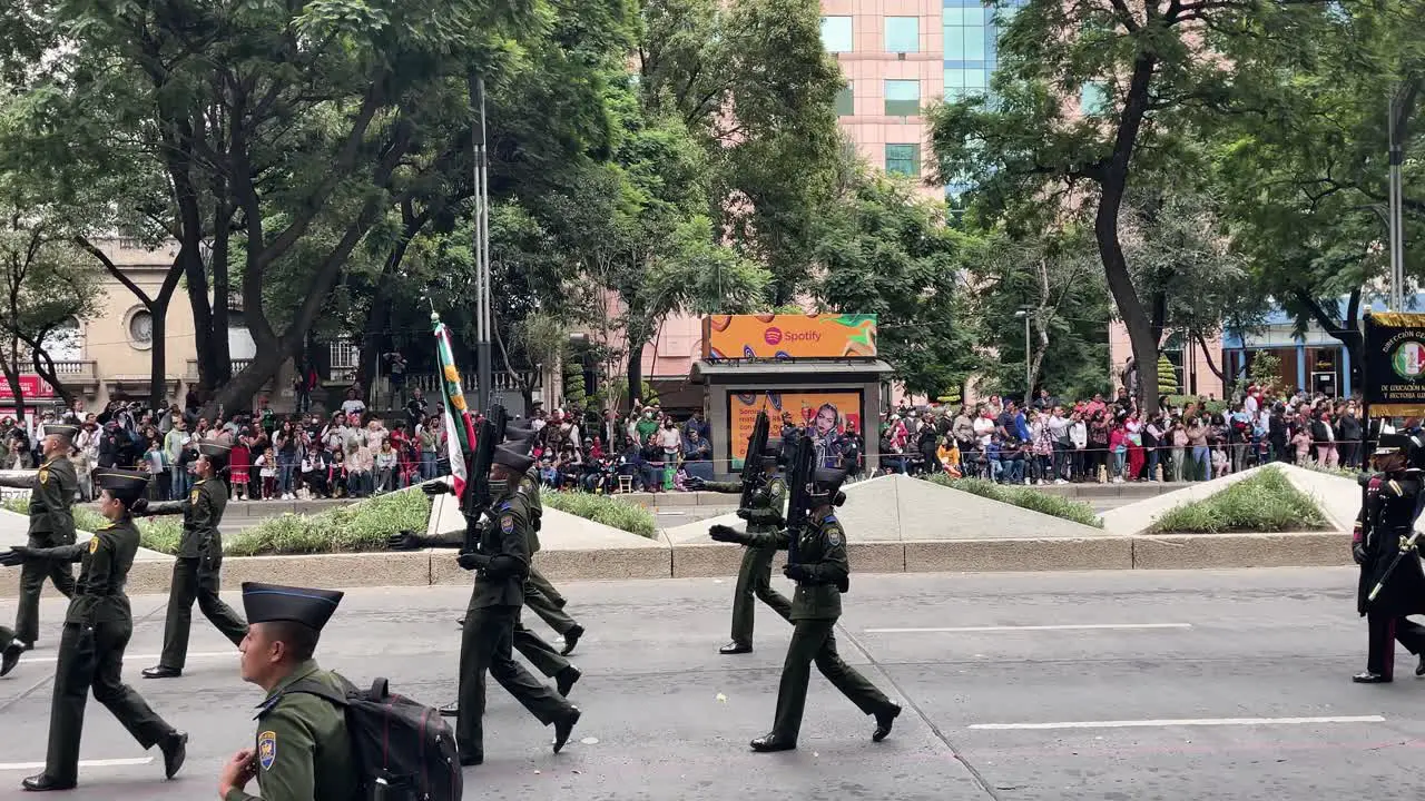 slow motion shot of the expeditionary corps of air forces of the mexican army during the military parade in the avenue of the paseo de la reforma in mexico city