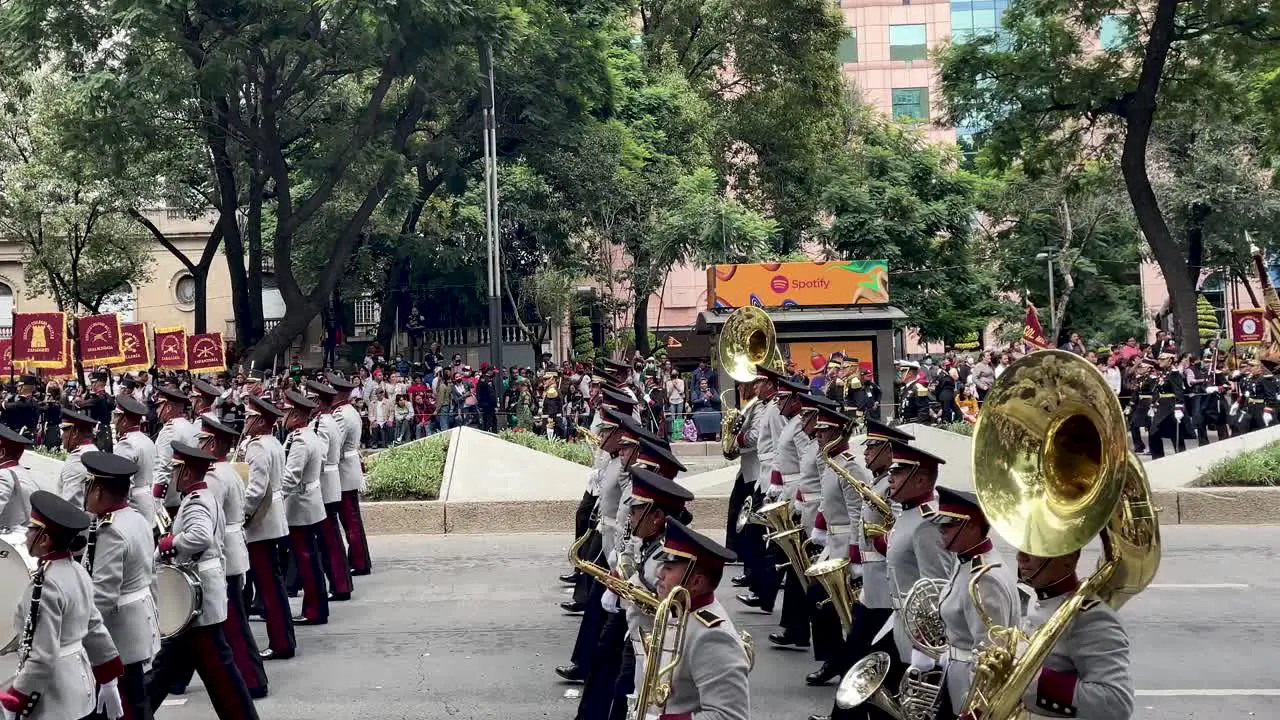 slow motion shot of the symphony of the Mexican army during the military parade