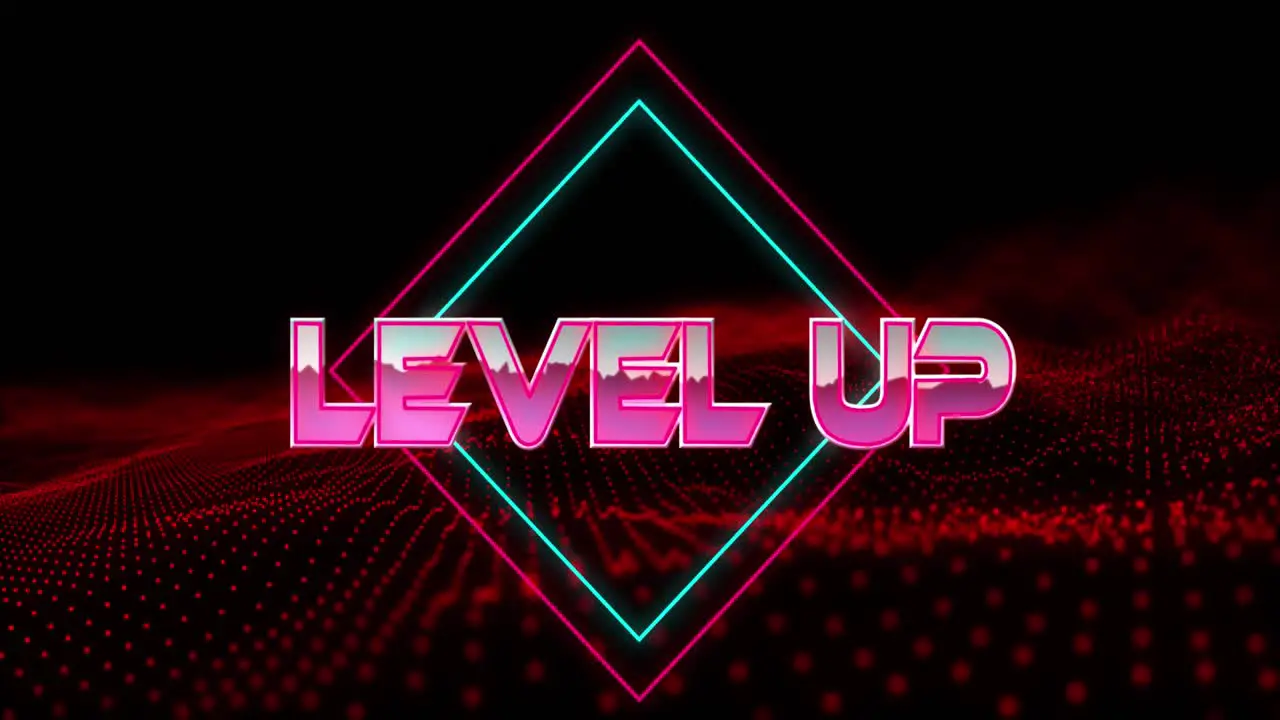 Animation of level up text in metallic pink letters with diamonds over mesh