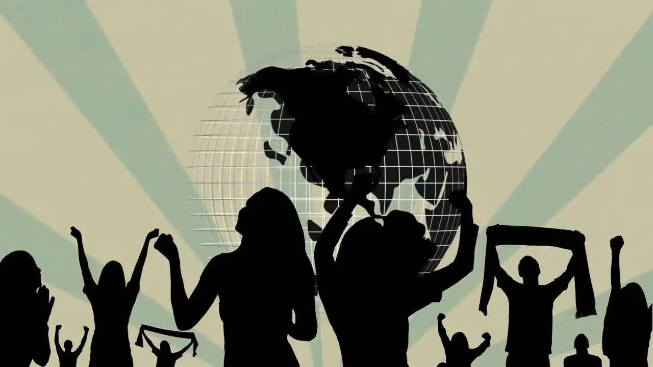 Animation of globe and people dancing over stripes