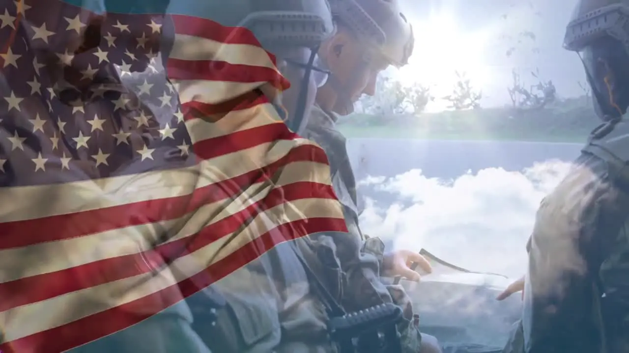 Animation of flag of usa over diverse male soldiers with weapons