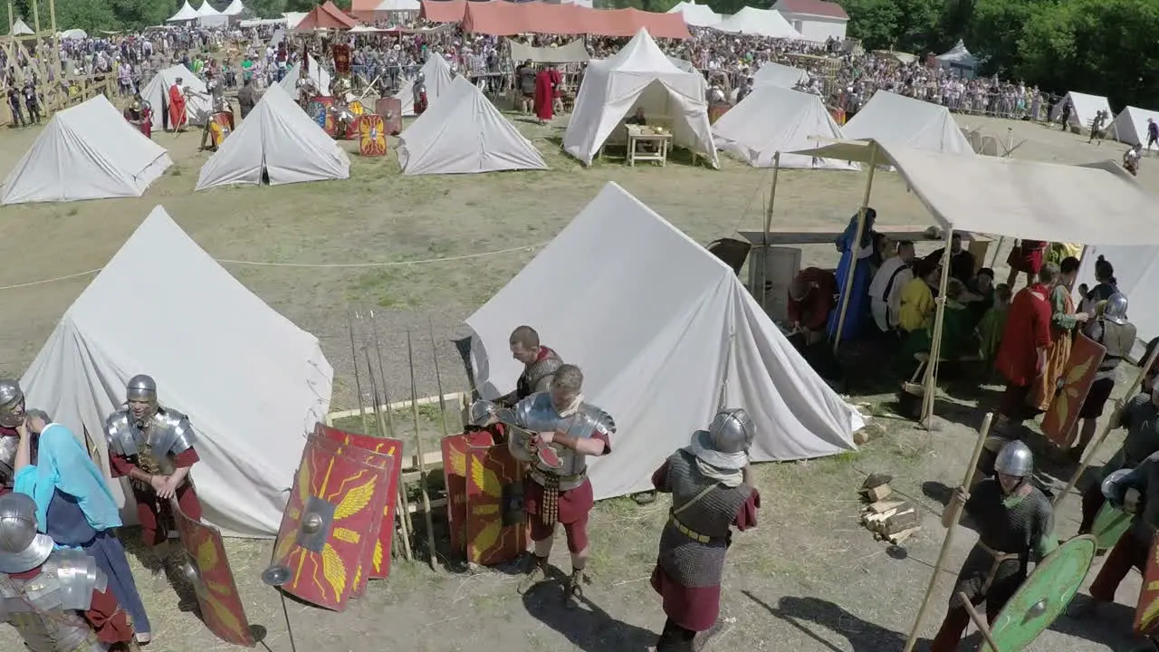 Flying over the area of historical festival in Moscow Russia