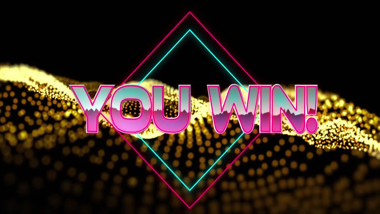 Animation of you win text in metallic pink letters with diamonds over mesh