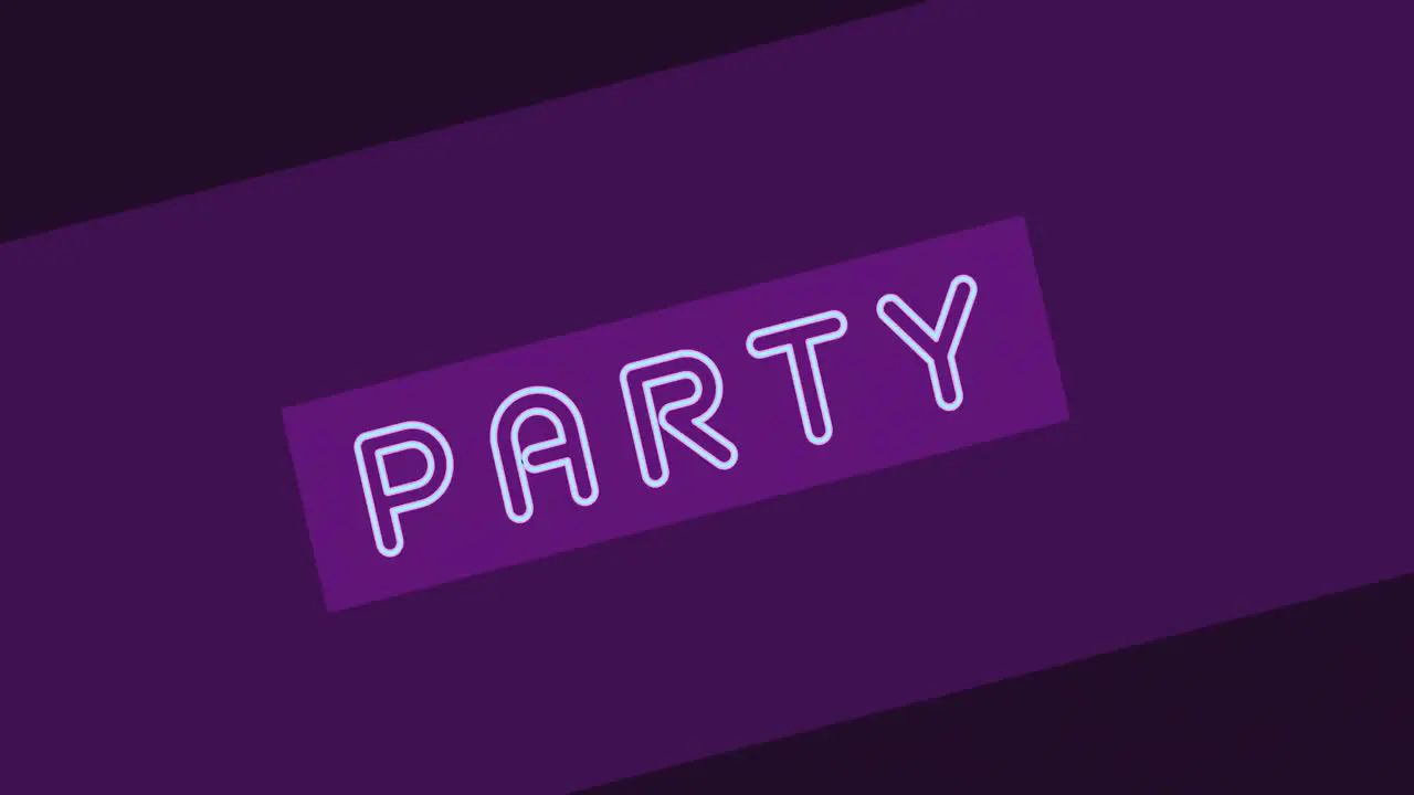 Animation of neon party text over purple background