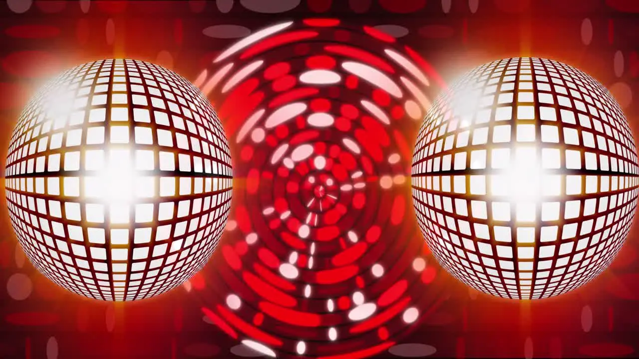 Animation of disco balls and lights over colorful background