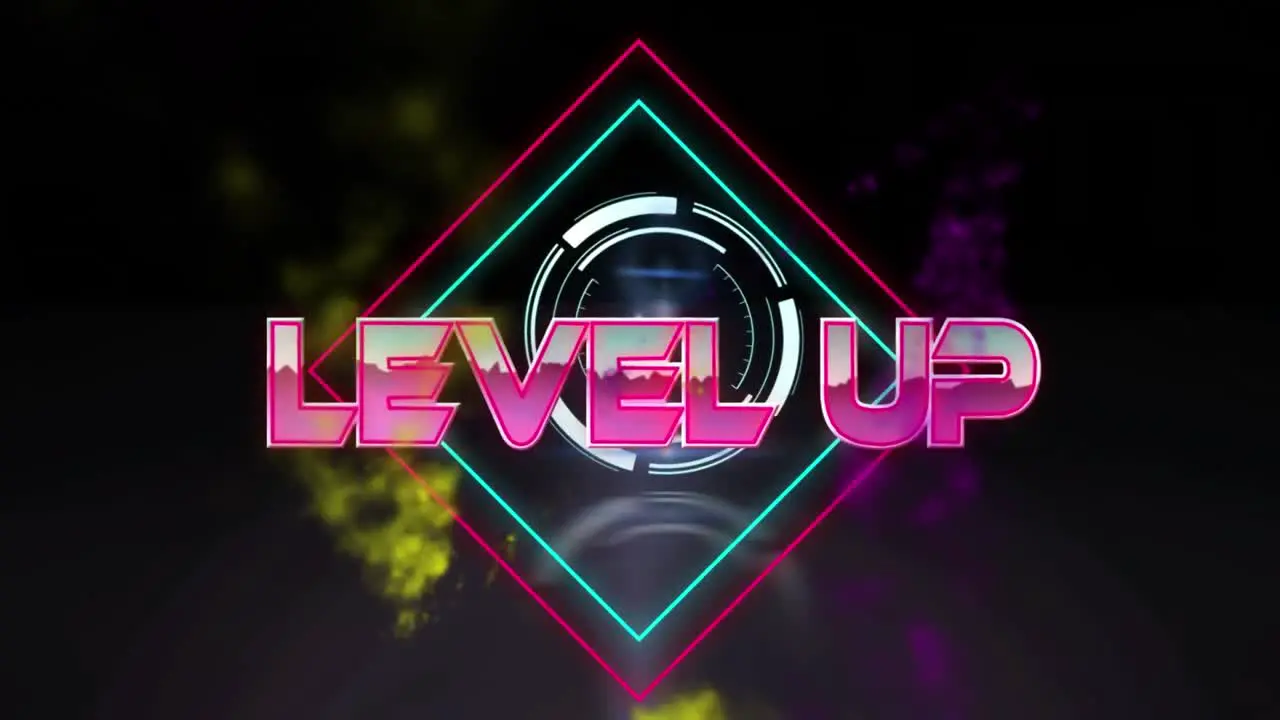 Animation of level up text in metallic pink letters with neon pattern