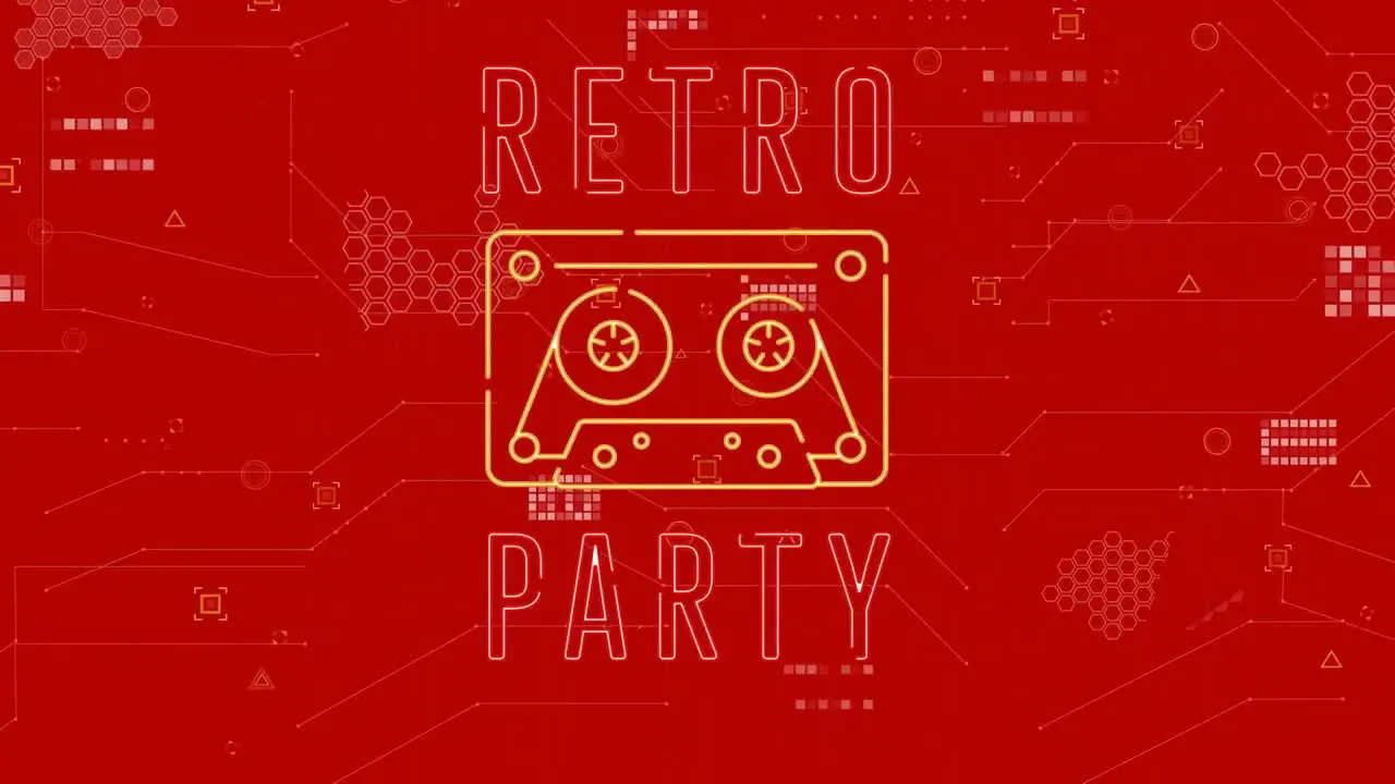 Animation of retro music text and cassette over red background