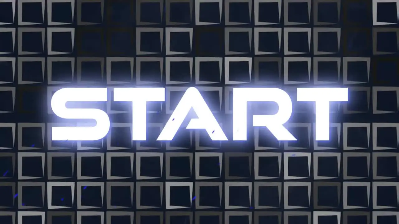 Animation of glowing start text in white over square patterned background