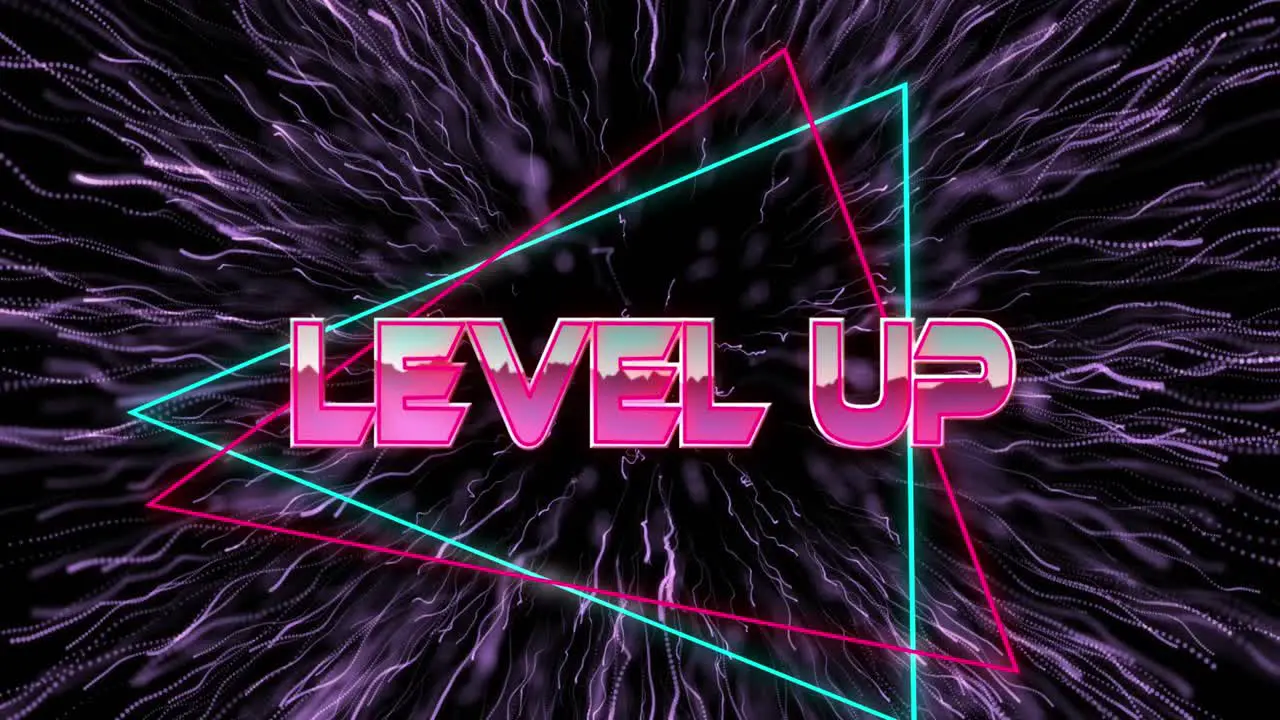 Animation of level up text in metallic pink letters with triangles over purple fireworks