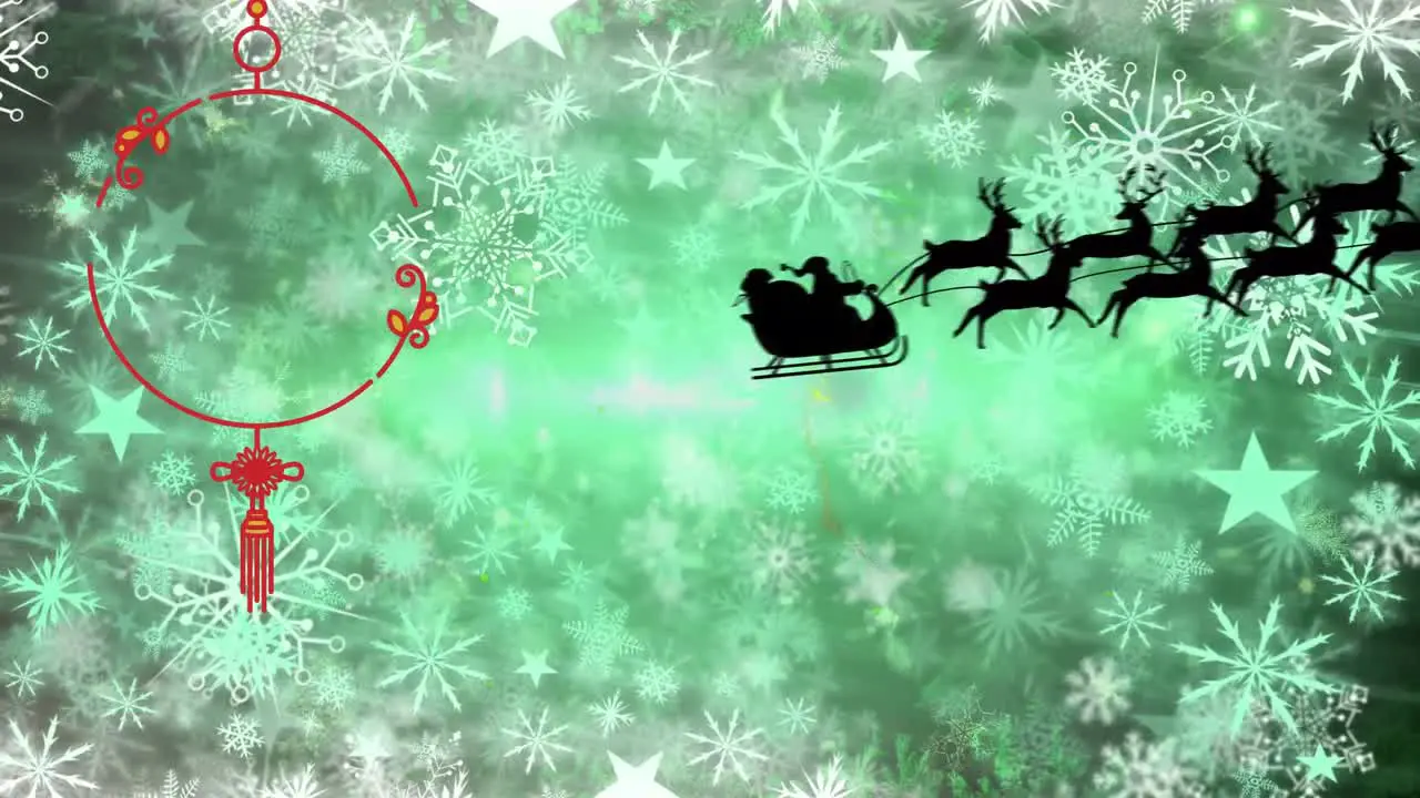 Animation of red dream catcher over snowflake and santa riding sleigh against abstract background