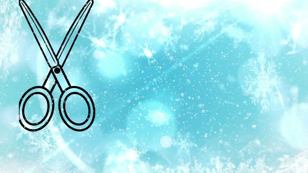 Animation of black colored scissor with snowfall snowflake and lens blurred effect