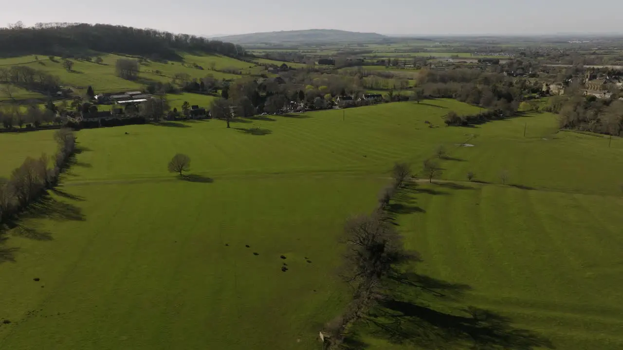 Flat Valley Landscape Broadway Village Green Fields Winter Aerial Establishing Shot Worcestershire UK