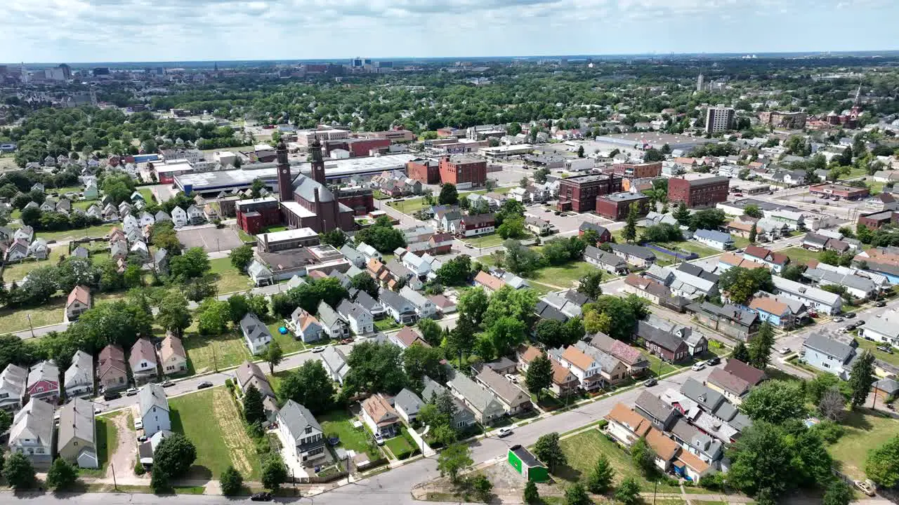 An aerial view of the green city of Buffalo New York of a beautiful summer day