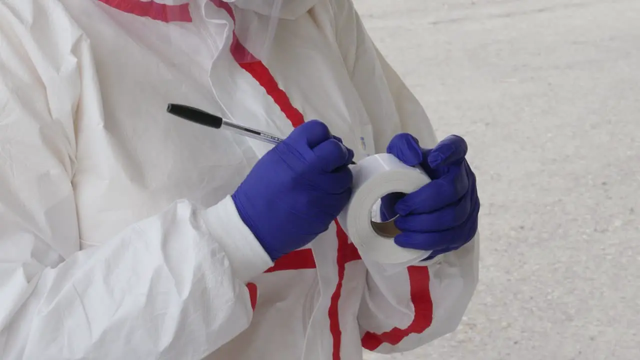 Close-up of a medical worker in full protective gear writing labels for coronavirus testing kits during the COVID-19 pandemic