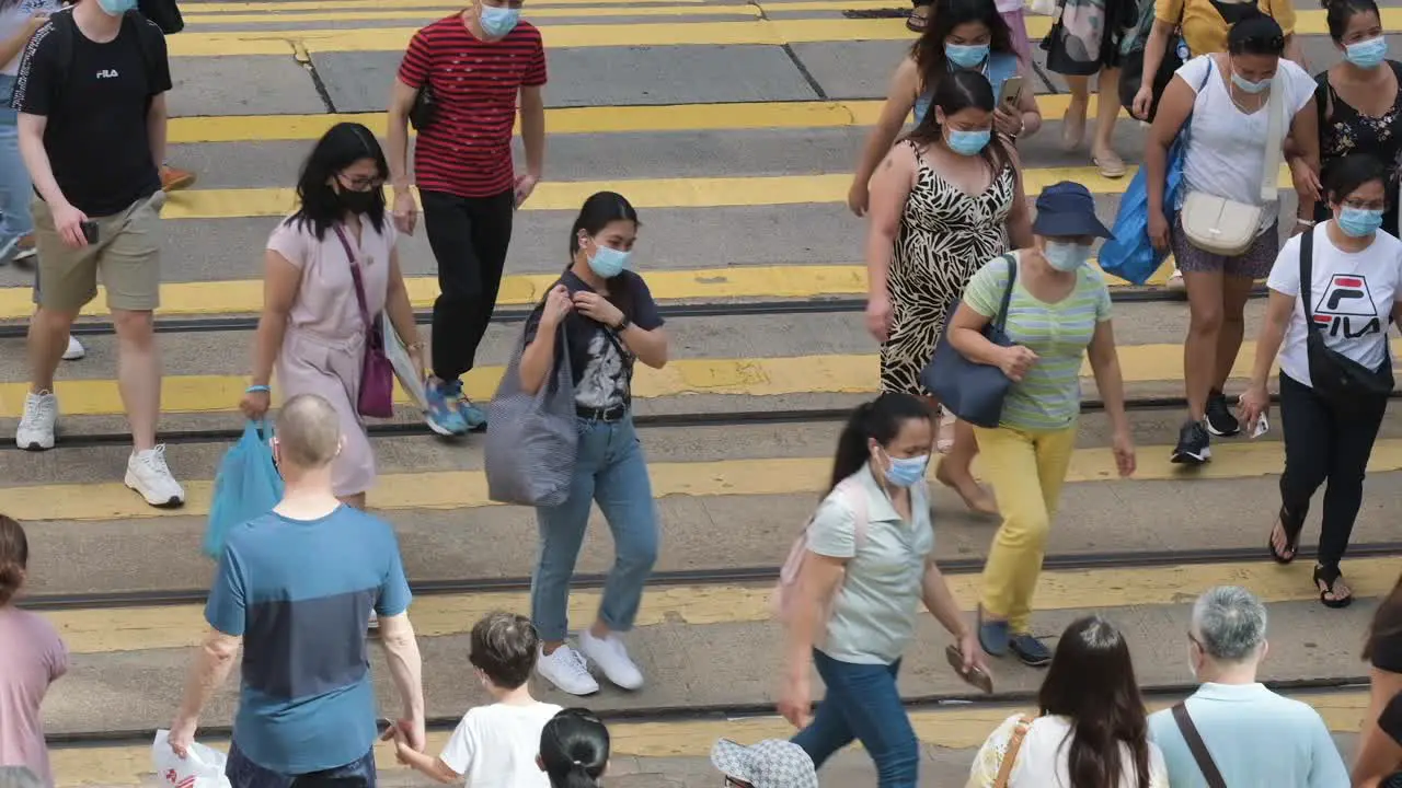 Hong Kong July 5 2020 Slow motion of crowd people wearing medical face masks in Hong Kong