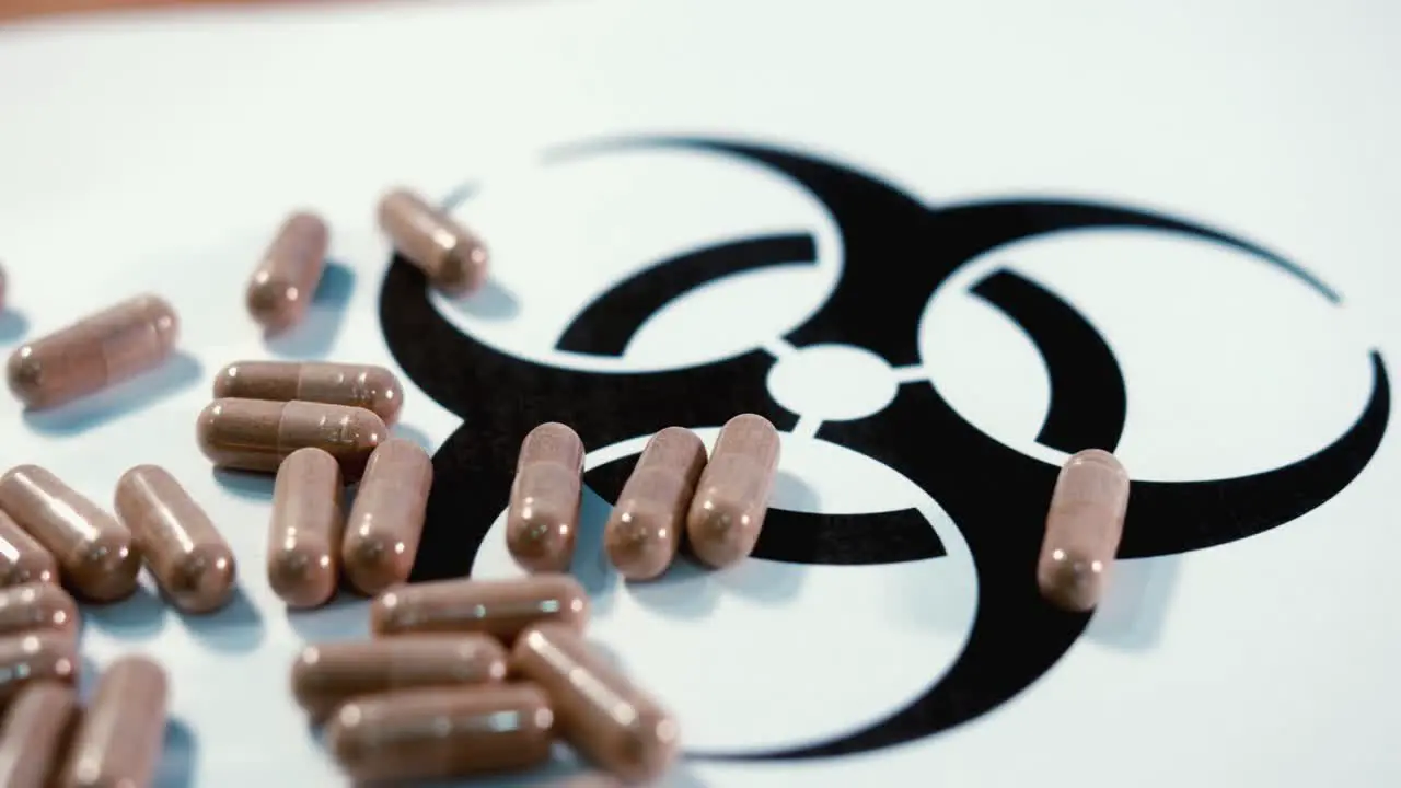 Pills on a Biohazard Symbol Slowly Rotating