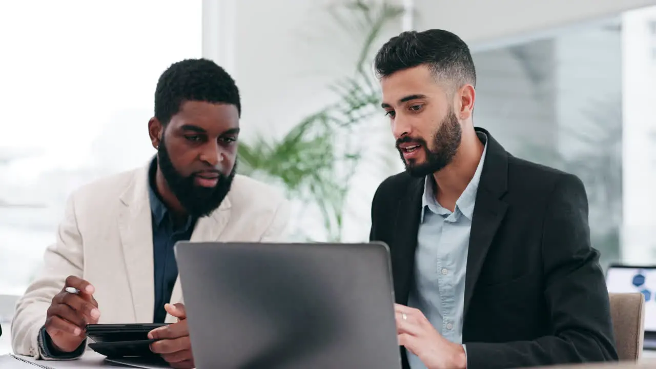 Teamwork laptop and business people in office