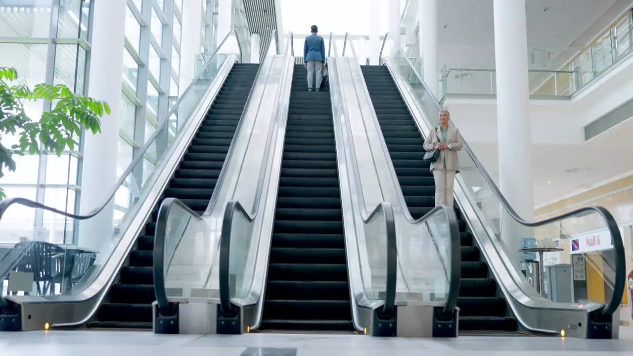 Escalator morning and business people travel to