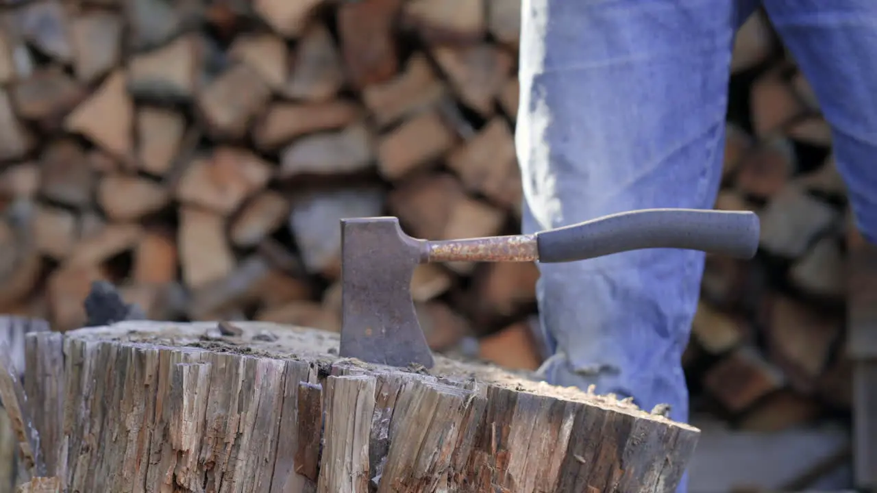 Man Pulls out an Axe from a Stump