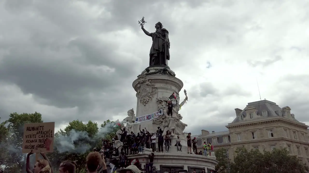 Shot of Protesters on Place de la république Statue During the Black lives Matter Protest in Paris France