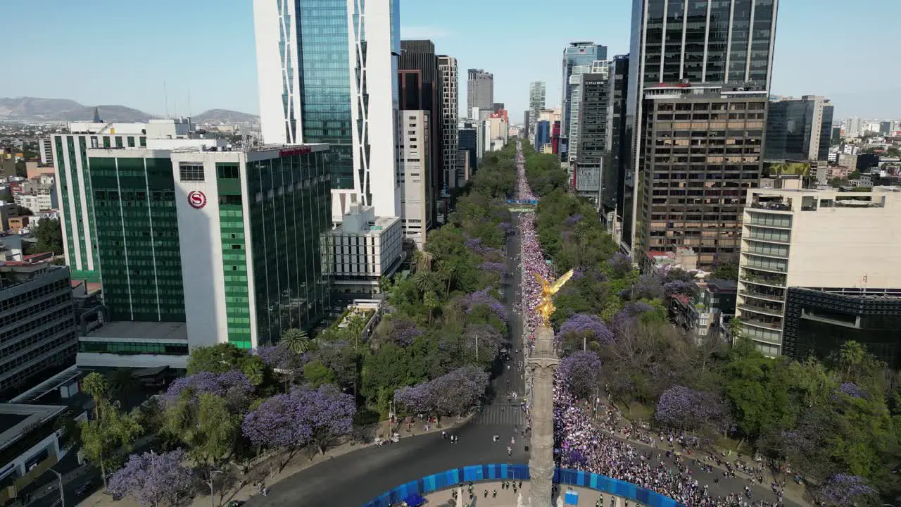 Aerial view March 8th Women's Day march on Paseo de la Reforma Mexico City 8 march 2023