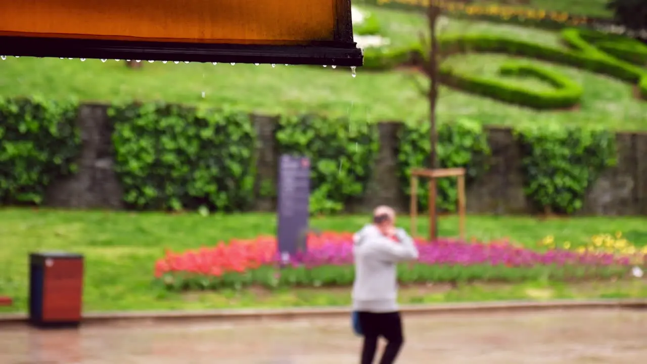 Man is walking under the rain in The Park Of Gulhane in Istanbul in slow motion